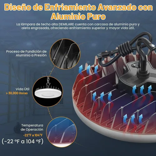 Vista 5 de Smart Shop Lights 150W - Sensor de movimiento Micware 18000LM UFO LED alta luz de bahía con control remoto multifunción, 10% -100% regulable IP65