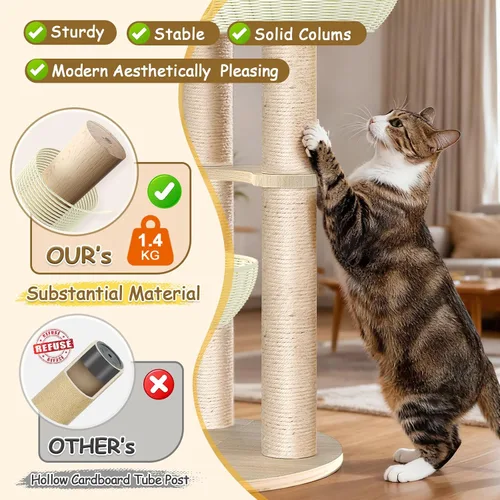 Vista 3 de Tinnmao Torre de árbol de madera maciza para gatos grandes, árbol de madera para gatos de 53 pulgadas con poste rascador cubierto de sisal natural