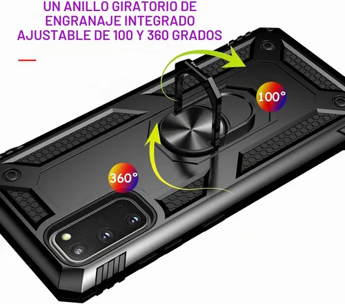 Vista 5 de Androgate Funda para Samsung Galaxy S20 FE con protectores de pantalla de cristal, soporte de anillo de metal de grado militar con soporte de Negro