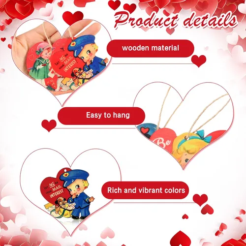 Vista 4 de BBTO 36 adornos de madera para el día de San Valentín, decoración retro para árbol de San Valentín, forma de corazón rojo, recortes de madera