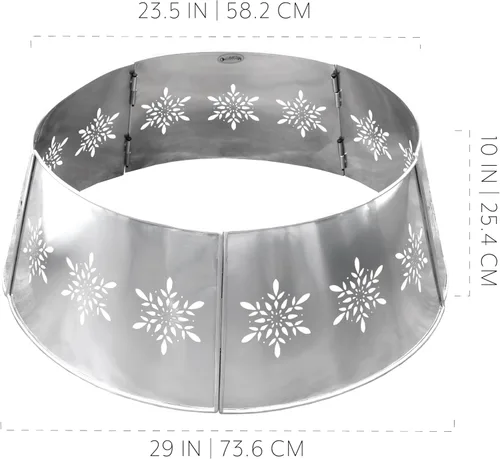 Vista 6 de AuldHome Design Collar de árbol estilo granja con copos de nieve (base de 29 pulgadas de diámetro, plateado), esmaltado vintage, adorno para árbol