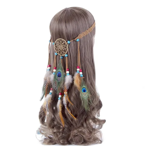 Vista 4 de AWAYTR Boho Dreamcatcher tocado pluma pavo real diadema diadema festival banda para el pelo (marrón)
