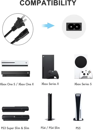 Vista 7 de TPLTECH Cable de alimentación de CA compatible con Xbox One S/X, Xbox Series X/S, PS4/PS5/PS3 Slim, reemplazo universal de 2 clavijas