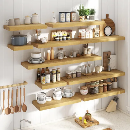 Vista 7 de Juego de 2 estantes flotantes de 16 pulgadas para pared, estantes de baño de grano de madera de 12 pulgadas de profundidad con soportes invisibles