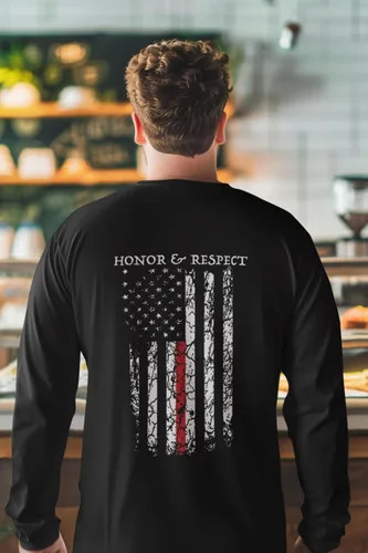 Vista 5 de Camiseta de manga larga Honor Respect U.S. Flag Red Line Firefighter Negro