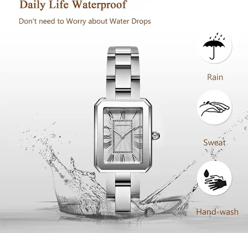 Vista 4 de RORIOS Reloj analógico de cuarzo para mujer, con correa de acero inoxidable, impermeable, retro, cuadrado, reloj elegante para mujer