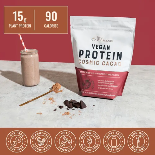 Vista 2 de Live Conscious Cosmic Cacao - Proteína en polvo vegana orgánica, sabor a chocolate, mezcla a base de plantas, proteína de guisante, arroz integral
