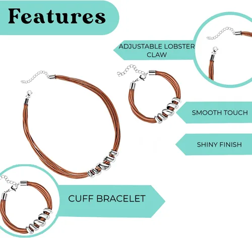 Vista 5 de SHOP LC DELIVERING JOY Costume Jewelry Set Faux Leather Choker Necklace Cuff Bracelet for Women Cord Spiral Stainless Steel Adjustable Lobster Claw