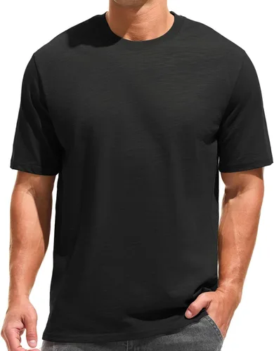 Vista 22 de KLIEGOU - Camiseta de cuello redondo para hombre, 100 % algodón, ajuste holgado, gruesa, de peso pesado