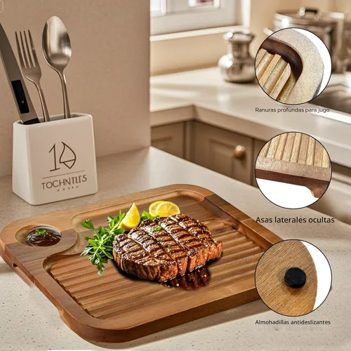 Vista 3 de Platos de bistec de madera de acacia, tabla de cortar carnívora para comer, plato de carne tallado de madera, bandeja para servir alimentos, tabla