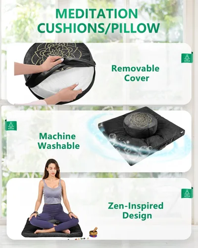 Vista 3 de Juego de cojín de meditación Hihealer grande de terciopelo para piso y cojín de yoga tibetano tradicional para adultos Zafu con relleno de trigo