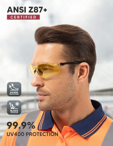 Vista 2 de Paquete de 3 lentes de seguridad tintados ámbar: lente de policarbonato antiarañazos con certificación ANSI Z87.1, protección UV para construcción