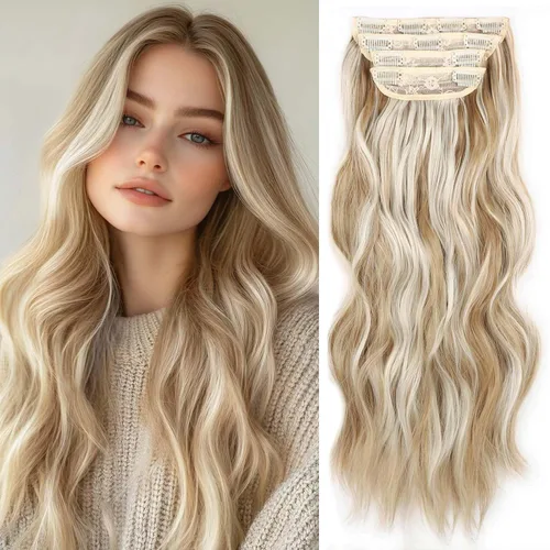 Vista 12 de 4 piezas de extensiones de cabello rizado con clip, color dorado oscuro, mezcla de rubio beige, sintético de 20 pulgadas de largo, extensiones
