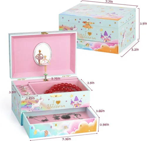 Vista 4 de Joyero para niñas, caja musical para niñas, organizador de joyas de bailarina para niña pequeña con collar de unicornio y pulsera, regalos