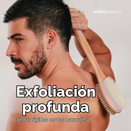 Vista 6 de MainBasics - Cepillo de ducha para espalda, lavanda, mango largo Cepillo corporal de doble cara, cerdas exfoliantes y cerdas suaves, limpieza