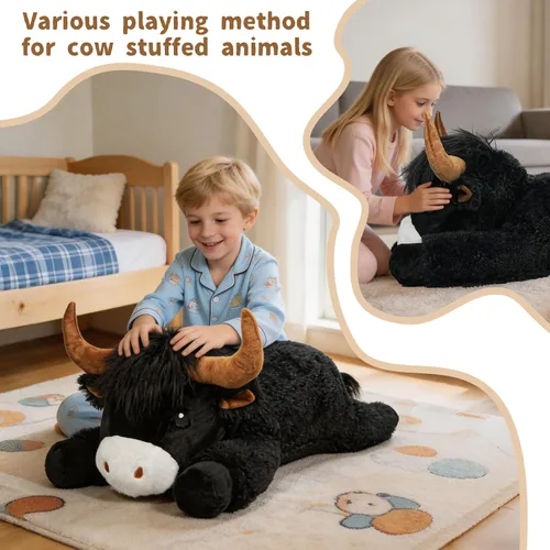 Vista 4 de Peluche de vaca gigante de las tierras altas de 39 pulgadas, juguete de peluche de ganado grande para niños y adultos, almohada de peluche esponjosa
