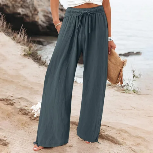 Vista 3 de Pantalones de lino para mujer, de verano, de cintura alta, pierna ancha, casuales, cintura elástica, pantalones palazzo, pantalones de playa