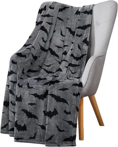 Vista 11 de Manta de forro polar de Halloween, murciélagos negros sobre fondo naranja, 50 x 70 pulgadas Ultra-soft cozy flannel fleece, for sofa couch bed