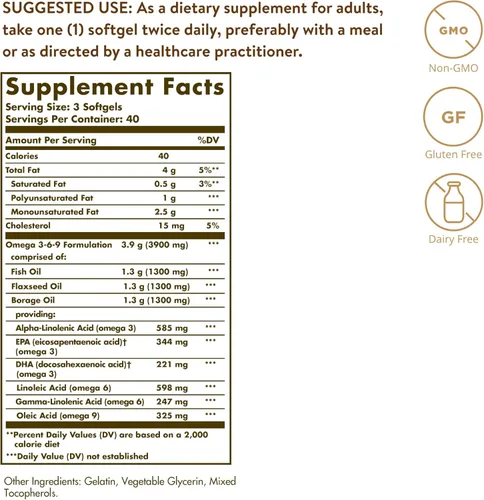 Vista 2 de Solgar 1300 mg Omega 3-6-9, 120 cápsulas blandas - Suplemento de aceite de pescado - Apoyo para la salud de las articulaciones y la piel - Incluye