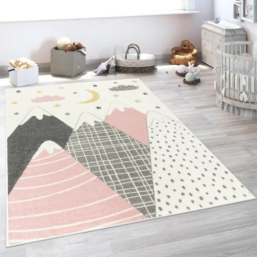 Vista 7 de Paco Home Alfombra infantil para guardería con montañas de colores pastel, estrellas de ensueño y luna en azul, tamaño: 2'8" x 4'11