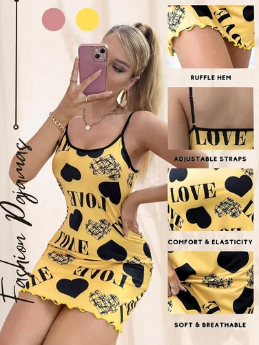 Vista 2 de EVELUST Camisón con estampado de corazón y letras para mujer, pijama casual sin mangas, con dobladillo con volantes, camisón suave