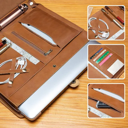 Vista 7 de YIWEN Portafolio de cuero genuino hecho a mano, portafolio con cremallera y carpeta de 3 anillos, organizador profesional de negocios, carpeta
