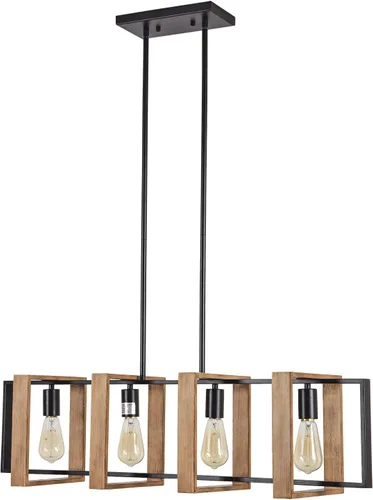Vista 10 de Lámpara colgante de comedor de granja, para isla de cocina, rústica, 4 luces, madera y metal negro, lámpara rectangular para colgar en el techo