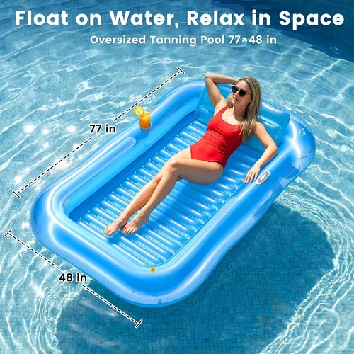 Vista 11 de Inflatable Tanning Pool Lounger Float with Sprinkler, 77" x 48" XL Tanning Pool for Adults with Pillow & Cup Holder, 6 in 1 Suntan Tub Sunbathing