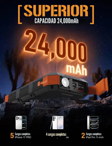Vista 6 de ToughTested Cargador portátil de banco de energía solar de 24000 mAh, batería externa de carga rápida con linterna LED, IP66 impermeable, a prueba