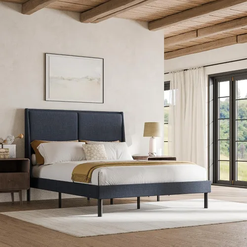 Vista 7 de Cozy Castle Base de cama tamaño Queen con cabecera de respaldo doble de 51.2 pulgadas de alto, marco de cama de plataforma de metal, no necesita