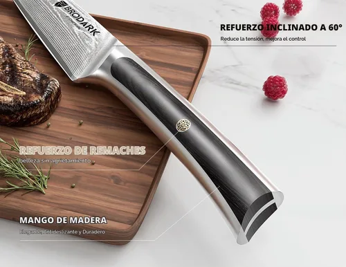 Vista 4 de BRODARK Cuchillo de chef de Damasco de 3 piezas, VG10 de acero de espiga completa afilado, juego de cuchillos de chef japonés profesional