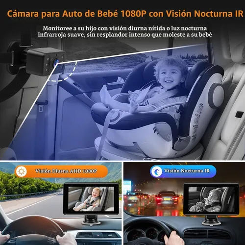 Vista 3 de Cámara de coche para bebé con pantalla inalámbrica CarPlay de 7 pulgadas, compatible con Apple CarPlay y Android Auto, cámara de coche de visión