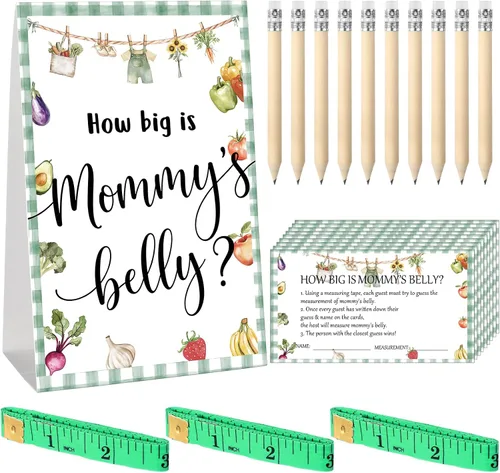 Vista 75 de Sabary 64 Piezas Juegos de Baby Shower Incluyen Letrero How Big is Mommy's Belly Sign Measure Bump Game 50 Tarjetas 10 Lápices 3 Cintas Métricas