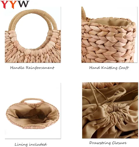 Vista 5 de Bolsa de ratán de verano para mujer, de paja tejida a mano, con asa superior, para playa, mar, paja de ratán