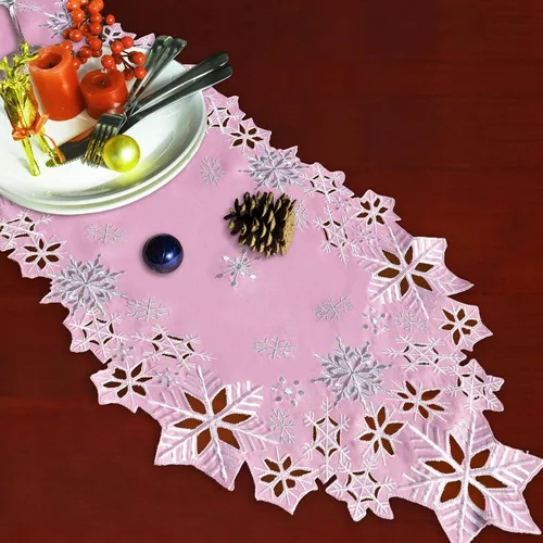 Vista 6 de Caminos de mesa bordados de copos de nieve rosados para Navidad e invierno (rosa, 14 x 34 pulgadas)