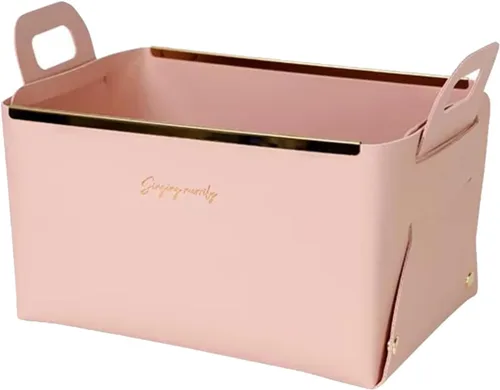 Vista 14 de Cesta decorativa de piel sintética, cesta pequeña para entrada, mesita de noche, cómoda, caja organizadora rectangular plegable (marrón)
