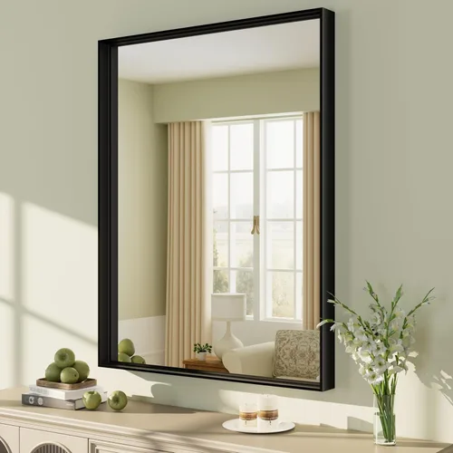 Vista 132 de Paquete de 2 espejos de baño con marco de metal negro de 22 x 30 pulgadas, espejo rectangular redondeado negro mate, antioxidante, se cuelga