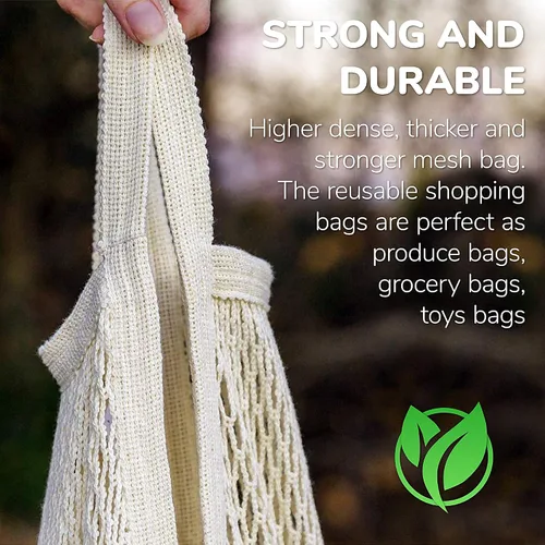 Vista 4 de Paquete de 5 bolsas de compras de cuerda de algodón, reutilizables, lavables, bolsas de malla para comestibles, compras, bolsas de red con asa larga