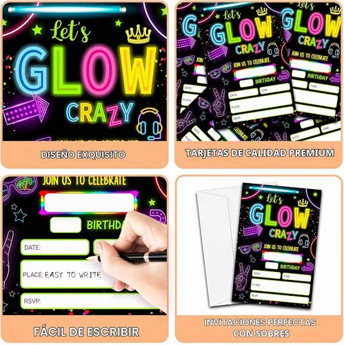 Vista 3 de Invitaciones de fiesta de cumpleaños con neón y brillo, 20 unidades. Invitaciones temáticas de cumpleaños "Let's Glow Crazy" con sobres - HBYQK-B02