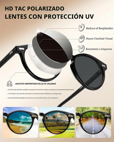 Vista 5 de CARFIA Gafas de sol polarizadas para mujeres con protección UV, marco de acetato para cara pequeña CA5288 A: Marco negro lente gris