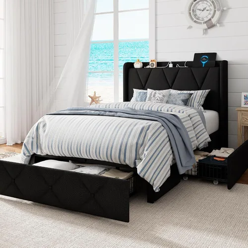 Vista 15 de GalnFu Base de cama de tamaño matrimonial con 4 cajones de almacenamiento, plataforma tapizada con estación de carga, moderna cabecera de Beige