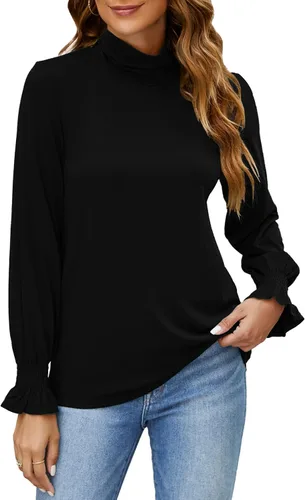 Vista 2 de Blusas de cuello alto para mujer, manga larga, con volantes, ajuste holgado, ropa de trabajo casual