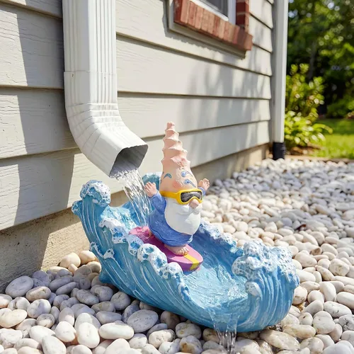 Vista 5 de Divertida escultura de gnomo desviador de canalón, desviador extensor de canalón de resina ecológica, extensión de canalón Koi Decor Downspout