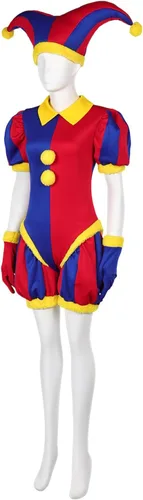 Vista 2 de Disfraz de circo Pomni de payaso Pomni, overol para cosplay, gorro, guantes, traje de bufón mágico para Halloween para adultos y niños