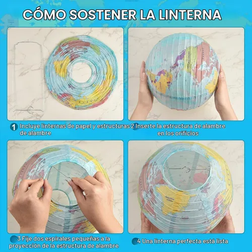 Vista 3 de 10 linternas de papel con mapa del mundo, 10 pulgadas, globos de papel, linternas de mapa, decoración de aula, mapa de viaje, linterna de papel