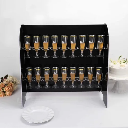 Vista 7 de Tableclothsfactory Estante para copas de vino de 2 niveles con acabado de espejo negro, soporte de espuma para 18 flautas de champán, 25 pulgadas