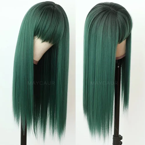 Vista 15 de Maycaur Pelucas de cabello sintético de color rubio con flequillo completo #613, color largo y liso, resistente al calor, pelucas sin encaje