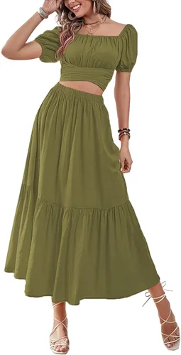 Vista 4 de LYANER Conjunto de 2 piezas para mujer, conjunto de falda larga con volantes y lazo cruzado