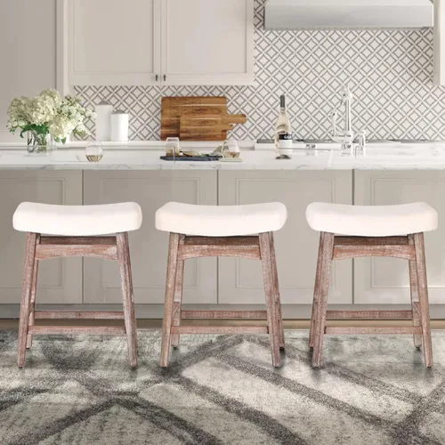Vista 28 de ALPHA HOME Taburete de bar, taburete de cocina de silla de montar de madera maciza con cojín de tela de lino beige, taburete de bar de altura