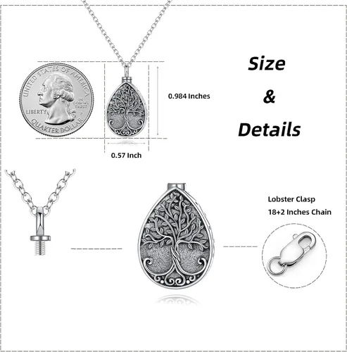 Vista 59 de Collar con colgante de urna de cenizas de cremación y árbol de la vida para mujer, plata de ley US1